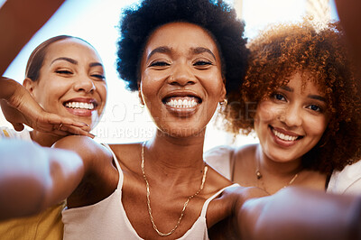 Buy stock photo Happy, friends and selfie of African women together on social media, profile picture and post of summer holiday or vacation. People, smile and portrait with happiness in online blog or memory 