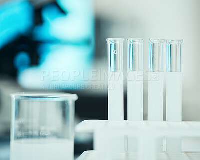 Buy stock photo Test tube, chemistry and science, chemical in laboratory with medical research and innovation, closeup and future. Liquid solution in glass container, scientific study and pharmacy with investigation