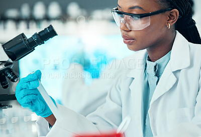 Buy stock photo Science, thinking and black woman with test tube in laboratory, medical engineering and vaccine research. Biotechnology, pharmaceutical study and medicine, scientist or lab technician with solution.