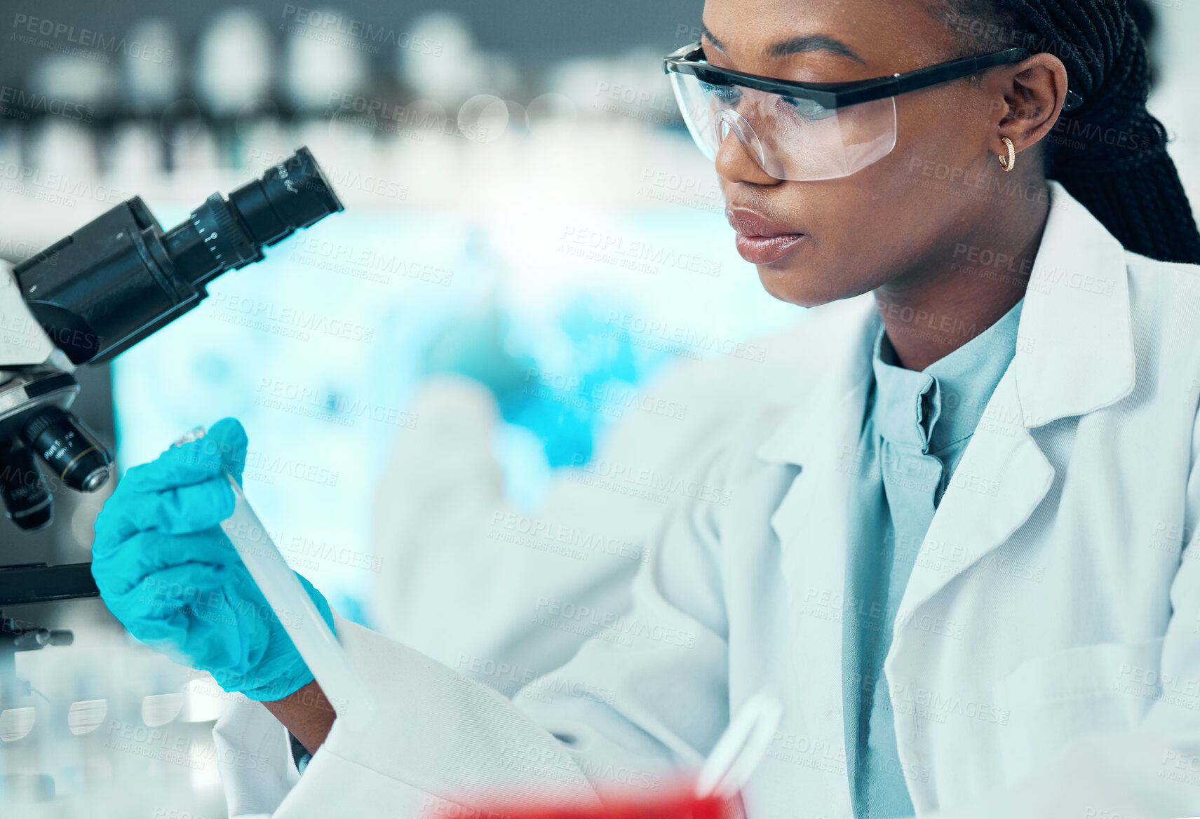 Buy stock photo Science, thinking and black woman with test tube in laboratory, medical engineering and vaccine research. Biotechnology, pharmaceutical study and medicine, scientist or lab technician with solution.