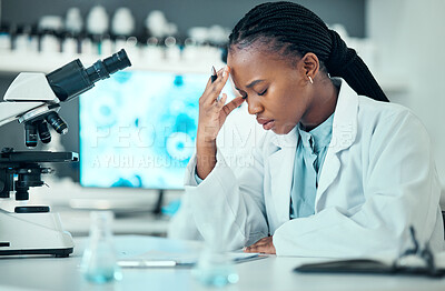 Buy stock photo Scientist, woman and headache, microscope or research checklist and stress, pain or mental health in laboratory. Science student or african person with depression for medical results on documents