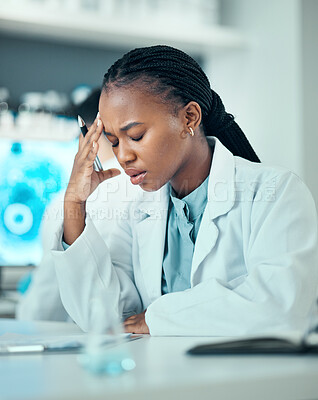 Buy stock photo Stress, black woman or scientist with headache in a laboratory suffering from burnout, migraine pain. Exhausted, frustrated or tired African doctor working on science research with fatigue or tension