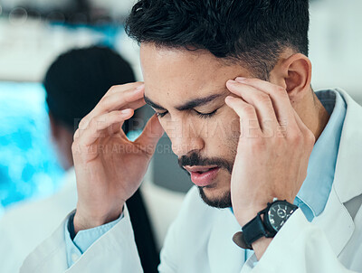 Buy stock photo Anxiety, man or scientist with headache stress in a laboratory with burnout, migraine or bad head pain. Exhausted, face or frustrated expert with medical or science research with fatigue or tension