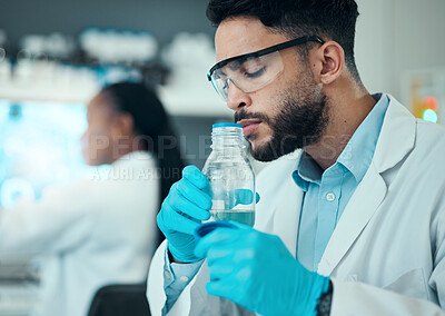 Buy stock photo Science, smell and research with man in laboratory for liquid analysis. medical and pharmacy. Medicine, healthcare and results with scientist and beaker for virus vaccine, test and chemical exam