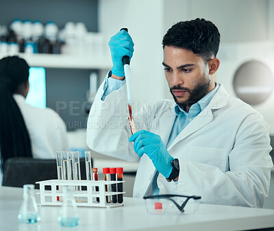 Buy stock photo Science, man with blood in pipette and laboratory research, results and medical engineering. Biotechnology, pharmaceutical study and DNA test, scientist or lab technician with solution in glass