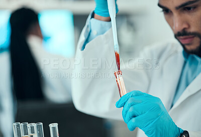 Buy stock photo Scientist, man with blood in pipette and test in laboratory research, results and medical engineering. Biotechnology, pharmaceutical study and DNA lab technician with liquid solution in glass.
