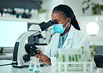 Microscope, medical and female scientist with a face mask in pharmaceutical lab for virus analysis. Professional, science and African woman researcher working on breakthrough research with equipment.