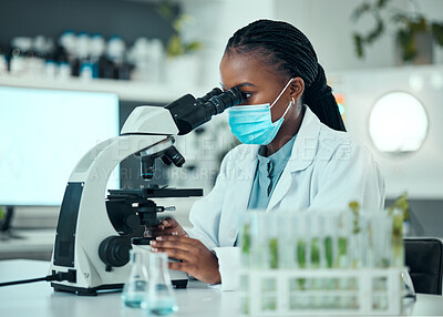 Buy stock photo Microscope, medical and female scientist with a face mask in pharmaceutical lab for virus analysis. Professional, science and African woman researcher working on breakthrough research with equipment.