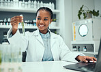 Science lab, black woman and smile for test tube plant grow, pharmaceutical progress or breakthrough success. Laptop, laboratory development and happy female scientist typing natural medicine results