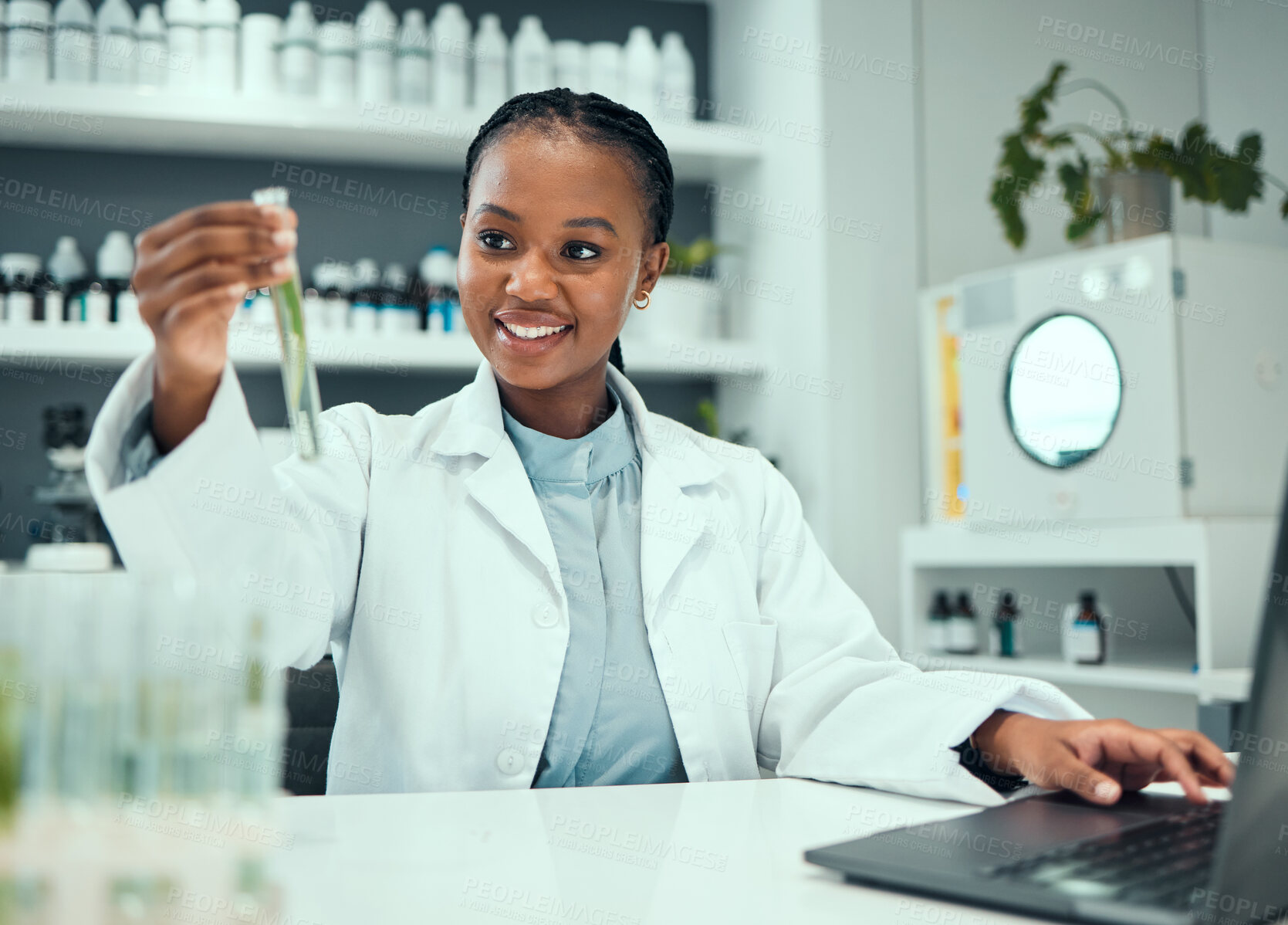 Buy stock photo Science lab, black woman and smile for test tube plant grow, pharmaceutical progress or breakthrough success. Laptop, laboratory development and happy female scientist typing natural medicine results