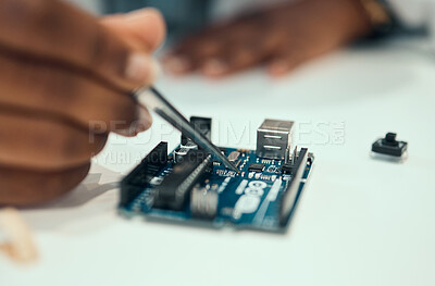Buy stock photo Hands, engineering and hardware with person in laboratory for research, monitor and programming. Technology, data and microchip with closeup of scientist for electrician, maintenance and cpu system