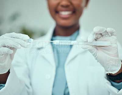 Buy stock photo Medical, pcr and cotton with hands of doctor for vaccine research, science and dna test. Pharmacy, medicine and healthcare with closeup of person and swab for virus, pathology exam and diagnosis