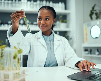 Buy stock photo Science, black woman and happy for test tube plant progress, biotechnology results or botany research success. Natural medicine, development and female scientist smile for chemical solution process