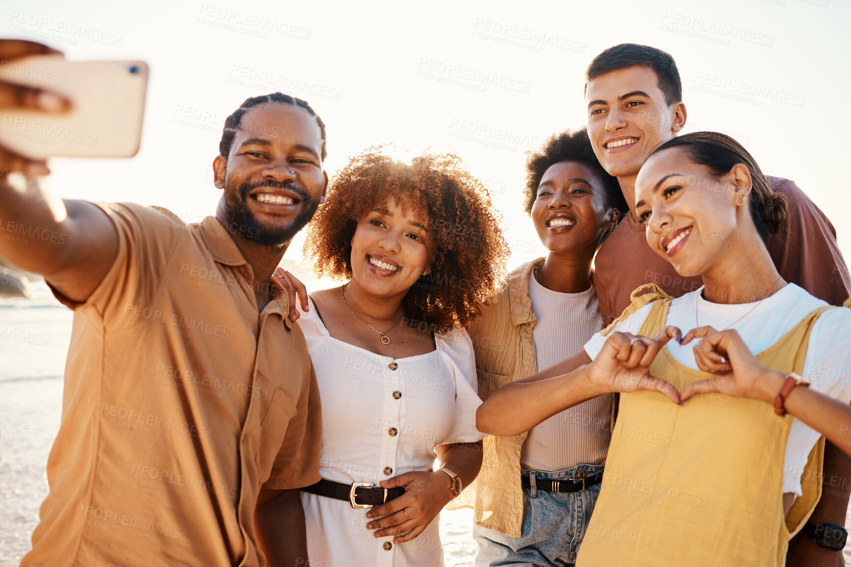 Buy stock photo Happy, selfie and travel with friends at beach for support, social media and diversity. Smile, relax and profile picture with group of people in nature for community, peace and summer vacation 