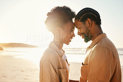 Buy stock photo Beach sunset, forehead and happy black couple bonding, connect and enjoy relax summer vacation together. Love, flare and African people support, care and affection on holiday, outdoor date or travel