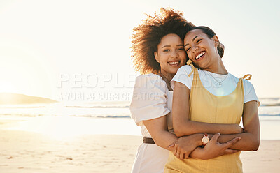 Buy stock photo Portrait, sunset and lgbt couple on the beach together for romance or relationship bonding on a date. Mockup, love and a gay woman with her lesbian girlfriend by the sea or ocean for their honeymoon