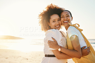 Buy stock photo Portrait, lgbt couple hugging on the beach at sunset together for romance or bonding on a date. Mockup, love and a gay woman with her lesbian girlfriend by the sea or ocean for honeymoon vacation