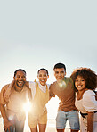 Beach sunset, portrait and group of happy friends hug, smile and enjoy travel vacation, summer freedom or tropical adventure. Mockup space, blue sky and young people solidarity, embrace and relax