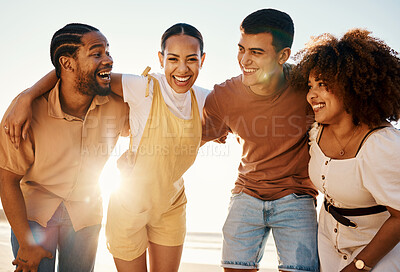 Buy stock photo Summer, hug and travel with friends at beach for freedom, support and sunset. Wellness, energy and happy with group of people laughing by the sea for peace, adventure and Hawaii vacation together