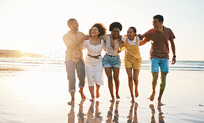 Buy stock photo Summer, freedom and travel with friends at beach for relax, support and sunset. Wellness, energy and happy with group of people walking by the sea for peace, adventure and Hawaii vacation together