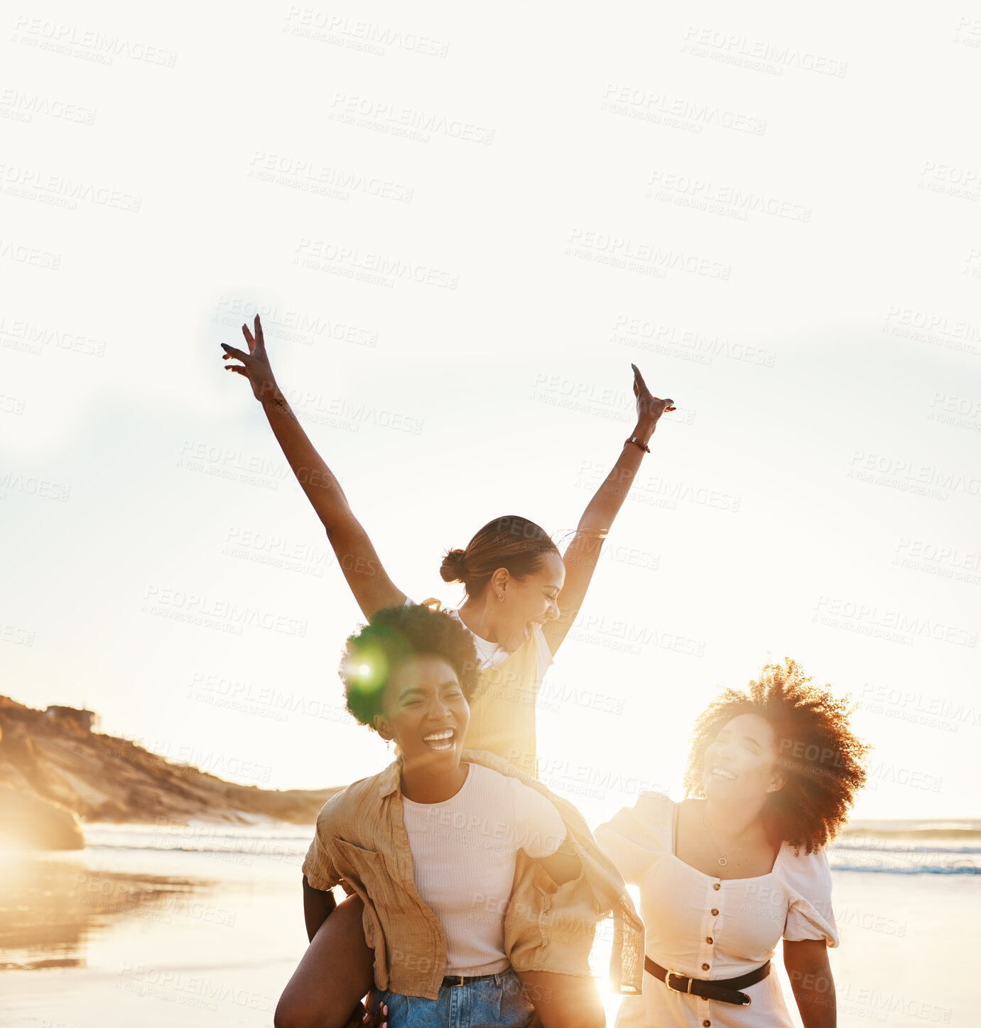 Buy stock photo Beach sunset, happy and group of friends piggyback, smile and enjoy travel vacation, summer freedom or tropical adventure. Having fun, wellness and gen z women excited for holiday, bonding or break