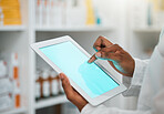 Green screen, pharmacist or hands with tablet mockup space for inventory inspection or stock check at pharmacy. Closeup of medical website or healthcare worker with technology app display in clinic