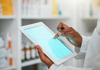 Buy stock photo Green screen, pharmacist or hands with tablet mockup space for inventory inspection or stock check at pharmacy. Closeup of medical website or healthcare worker with technology app display in clinic