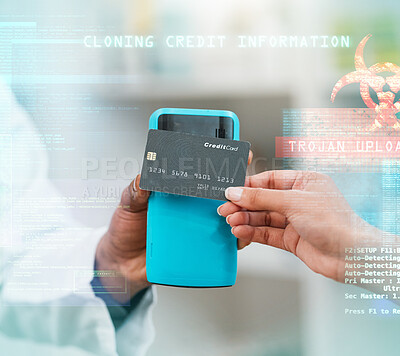 Buy stock photo Credit card, machine and doctor hands of health service, hacking information or cybersecurity software in pharmacy. Pharmacist or cashier in point of sale, data protection overlay and digital payment