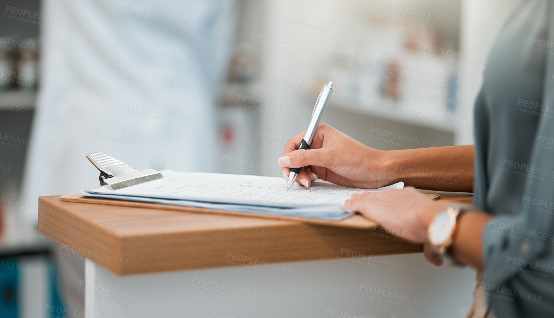 Buy stock photo Hands of woman at pharmacy, clipboard and medical insurance information at counter for script medicine. Prescription, writing and patient at pharmacist with application form for pharmaceutical drugs.