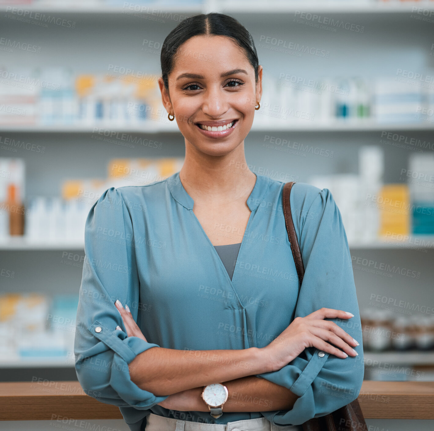 Buy stock photo Woman, portrait and pharmacy, arms crossed and patient in store for pharmaceutical drugs with prescription. Healthcare, face and happy with confidence, medical with insurance and shopping for pills