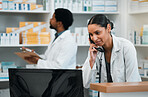 Pharmacist, woman and phone call for customer support, medicine stock and inventory communication or retail service. Medical worker or doctor on telephone and computer for pharmacy or healthcare FAQ