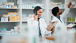 Phone call, pharmacy and woman with order for medicine, prescription and medication collection service. Healthcare, medical care and happy pharmacist talking for telehealth, consultation and package