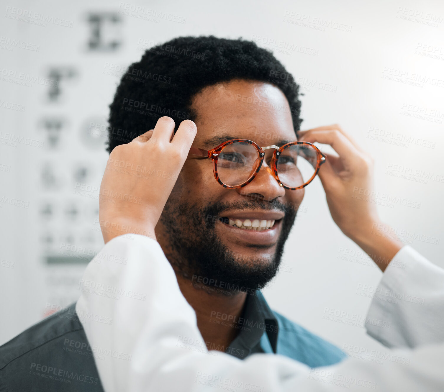 Buy stock photo Black man, glasses and hands, vision and eye care, test and optometry with health and smile. Prescription lens, frame choice and healthcare, eyewear and optometrist with wellness and medical service