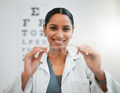 Doctor, woman and glasses, vision and eye care, portrait and optometry with health and smile. Prescription lens, frame choice and healthcare, eyewear and optometrist with wellness and medical service