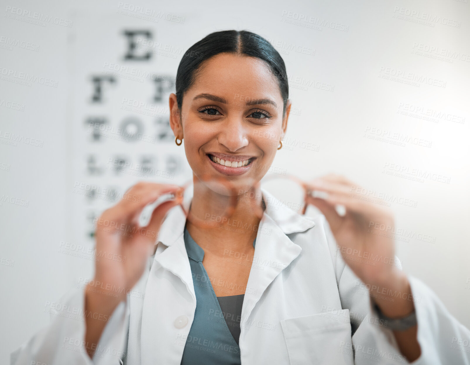 Buy stock photo Doctor, woman and glasses, vision and eye care, portrait and optometry with health and smile. Prescription lens, frame choice and healthcare, eyewear and optometrist with wellness and medical service