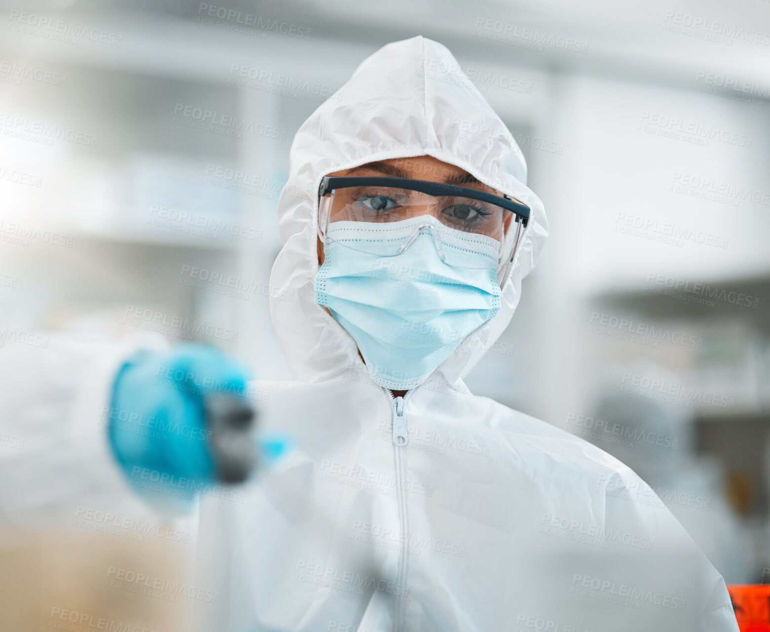 Buy stock photo PPE, disinfection and health, person in face mask and hygiene, cleaning and safety from bacteria and virus. Covid, compliance and healthcare, pharmacy and sanitize with cleaner and chemicals 