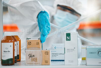 Buy stock photo Drugs, pharmacy and disinfection, person in PPE for hygiene and cleaning, safety from bacteria and virus. Covid, compliance and healthcare, pharmaceutical and sanitize with cleaner and chemicals 