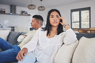 Buy stock photo Frustrated couple, fight and conflict in divorce, argument or disagreement on living room sofa at home. Unhappy man and woman in breakup, cheating affair or dispute from toxic relationship in house