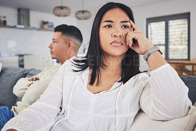 Buy stock photo Frustrated couple, fight and argument in divorce, conflict or disagreement on living room sofa at home. Unhappy man and woman in breakup, cheating affair or dispute from toxic relationship in house