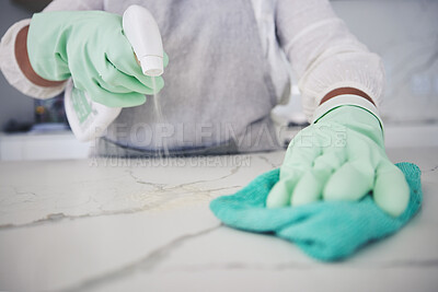 Buy stock photo Person, hands and cleaning table with spray bottle, detergent or bacteria or germ removal at home. Closeup of housekeeper, maid or cleaner wiping surface with cloth in clean hygiene or sanitize house