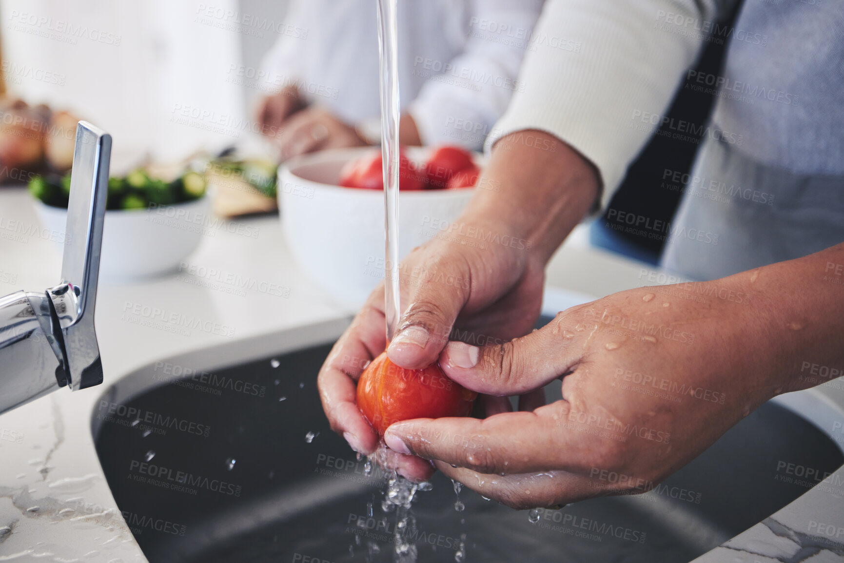 Buy stock photo Water, tomato and hands cleaning vegetable for cooking in a kitchen basin or sink in a home for hygiene as a chef. Salad, food and person prepare produce for a supper, lunch or dinner for diet meal