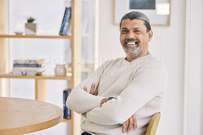 Buy stock photo Happy, crossed arms and portrait of a man in the office with confidence and positive attitude. Smile, calm and professional mature male designer sitting on a lunch break in the modern workplace.