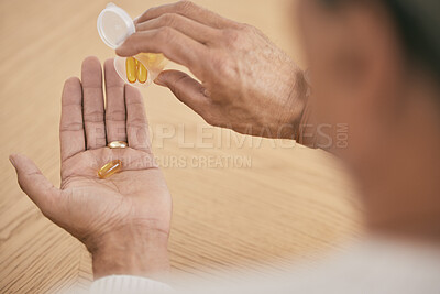 Buy stock photo Person, hands and pills in medication, illness or omega tablets for joint or muscle pain on desk at home. Closeup of patient taking drugs or capsules in container for healthcare, antibiotics or cure