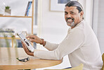 Smile, tablet and portrait of a man in the office browsing on social media, mobile app or internet. Happy, positive and professional mature male designer networking on digital technology in workplace