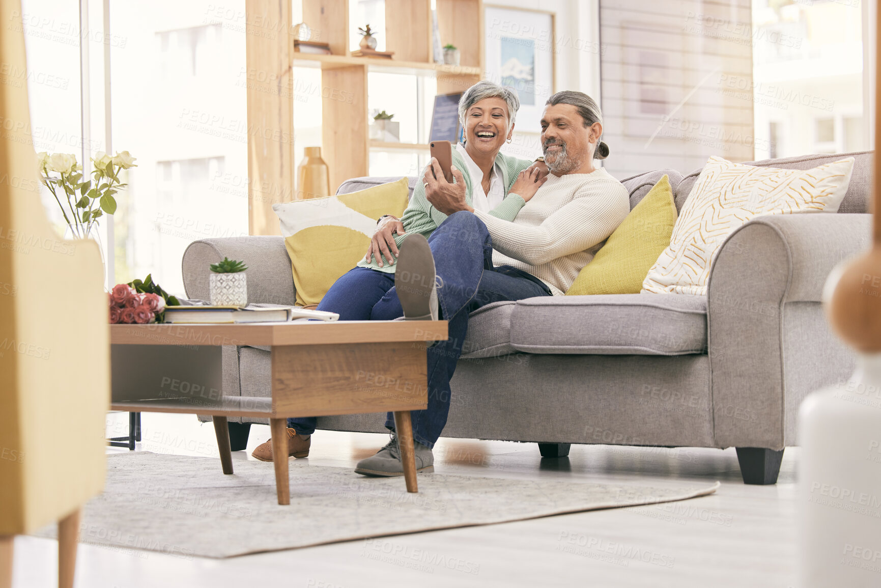 Buy stock photo Selfie, happy and mature couple on sofa with smile for social media post, profile picture and memories. Marriage, love and man and woman take photo in living room for bonding, relationship and relax