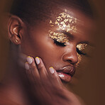 Art Fun Black Woman Gold Makeup Brown Background Glitter Paint