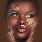 Art, motion of black woman with gold makeup and blurred background, glitter paint and cosmetics. Shine, glow and African model in studio for beauty, fashion and aesthetic freedom in luxury skincare.