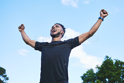 Buy stock photo Runner man, fist celebration and nature with goals, achievement and pride for race, success and contest. Young athlete guy, happy winner and outdoor for fitness, competition and freedom in summer