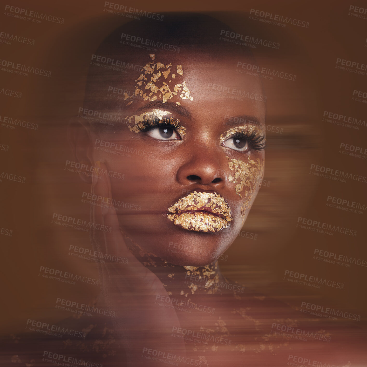 Buy stock photo Gold beauty, makeup and black woman with blur in studio with glitter cosmetics and sparkle art. Brown background, African female model and shine from paint and skin glow with golden luxury treatment