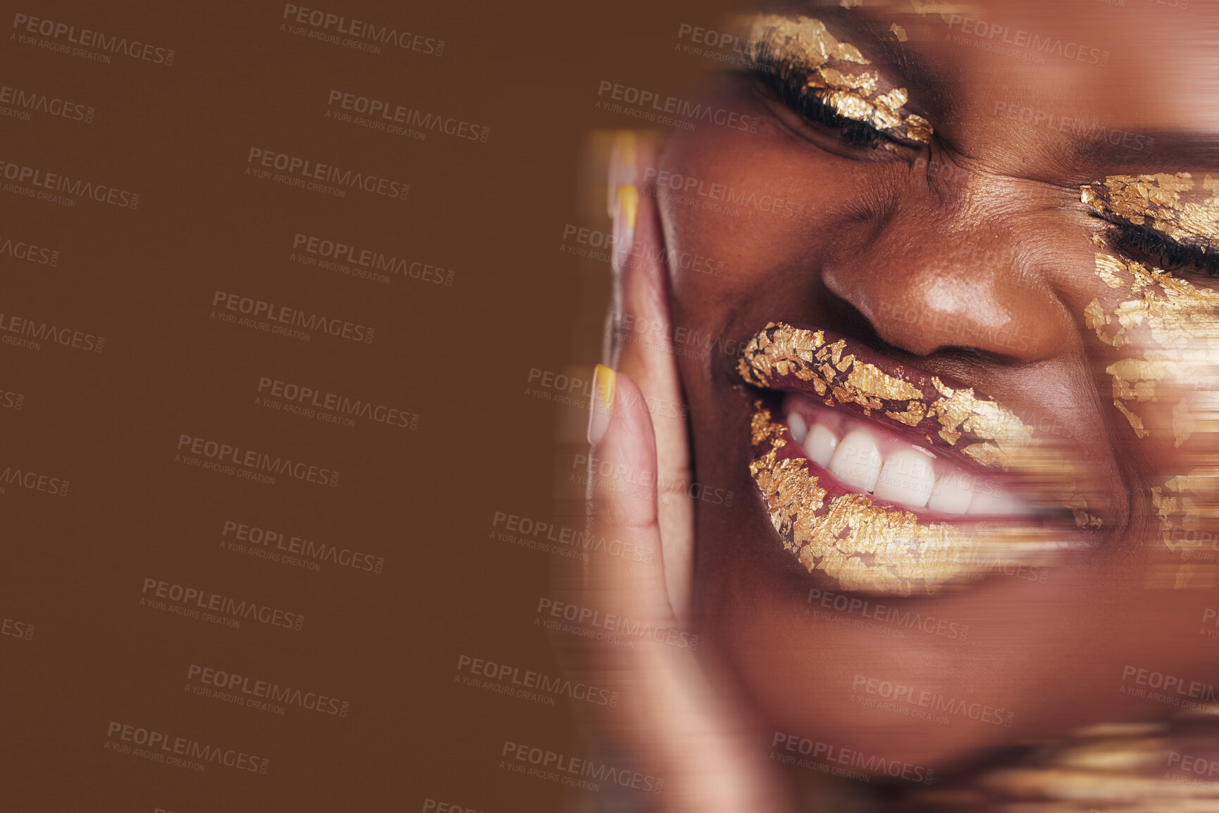 Buy stock photo Art, portrait of black woman with gold makeup and blurred background, glitter paint and cosmetics. Shine, glow and African model in studio for beauty, fashion and aesthetic freedom in luxury skincare